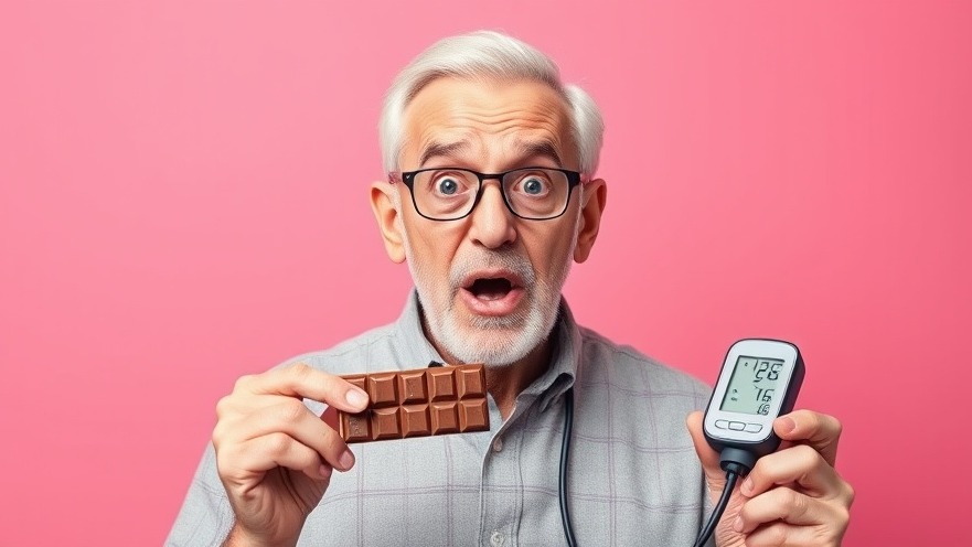 Surprised older man with dark chocolate and blood pressure monitor, highlighting health benefits of dark chocolate.