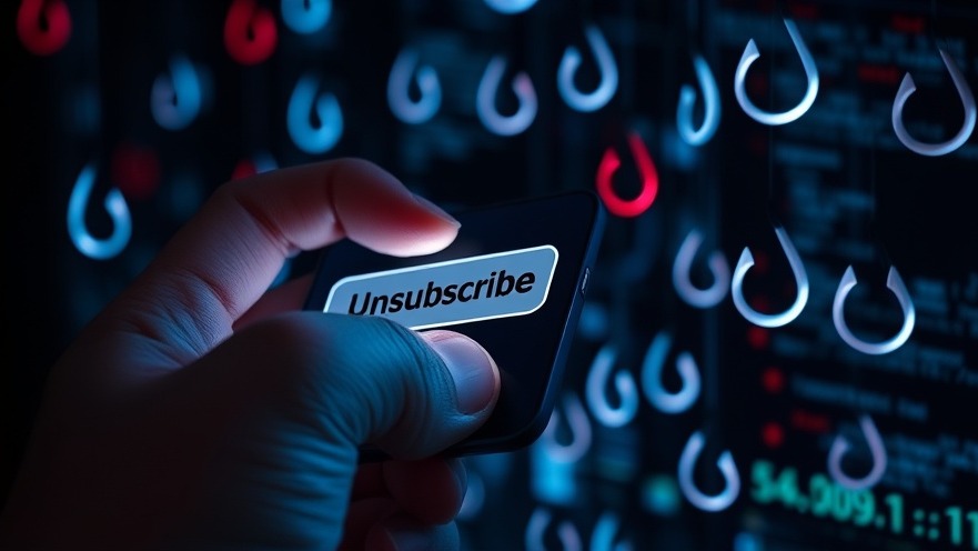Hand hovering over 'unsubscribe' button amidst phishing hooks, highlighting email scam dangers.