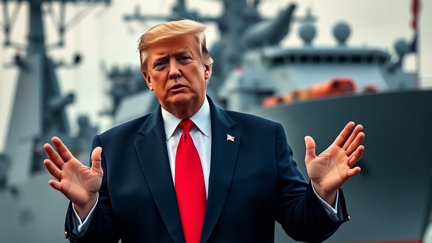 Trump in a navy suit gestures in front of a naval ship, highlighting current US political news.