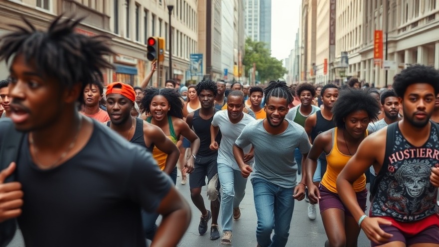 A large crowd of black teens running wild in the city, reflecting youth violence and family instability.