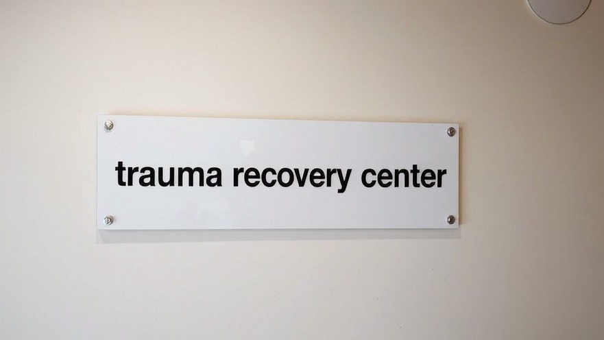 Informative sign for a trauma recovery center in Austin, highlighting community support.