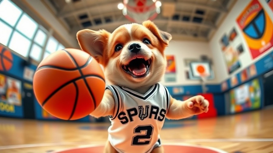 Energetic dog in SPURS jersey ready to dunk, showcasing sports fun in the basketball community.