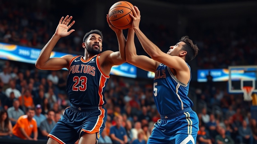 Energetic basketball players leaping for a rebound in vibrant arena lighting, capturing NBA highlights.
