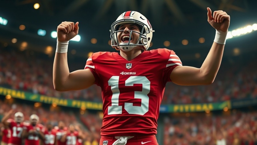 Energetic 49ers player celebrating, boosting San Francisco 49ers playoff hopes in NFL week 17.