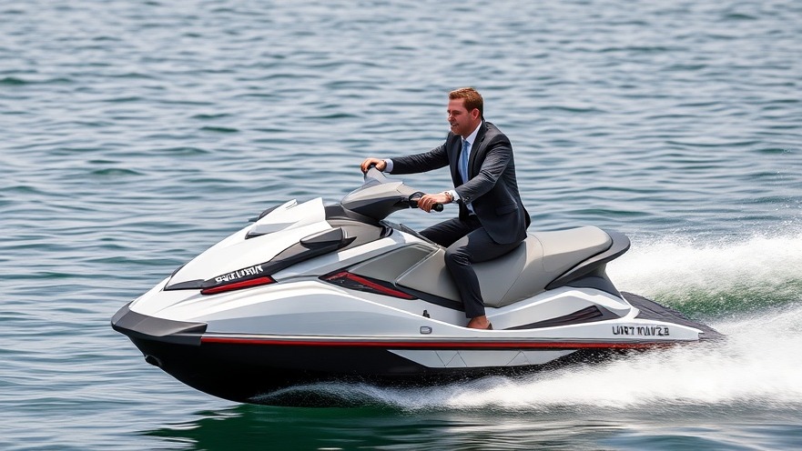 Business trends shaping Austin: man in a suit riding a jet ski.