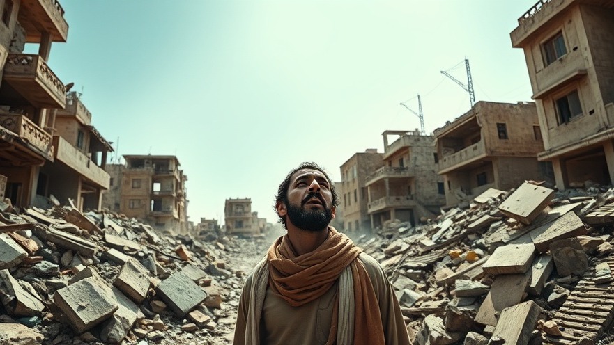 Emotional Arab man amid rubble, reflecting on US national security and missile technology changes.