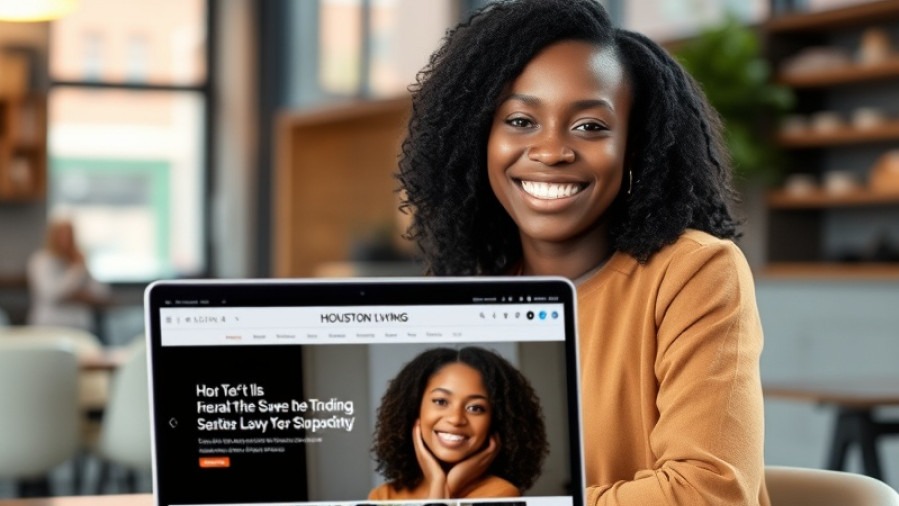 Confident young Black woman at a modern desk, proud of her digital magazine feature.