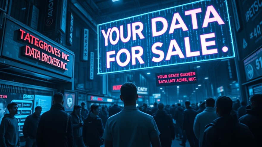 Dystopian marketplace showcasing online privacy tools with 'Your Data For Sale' sign.