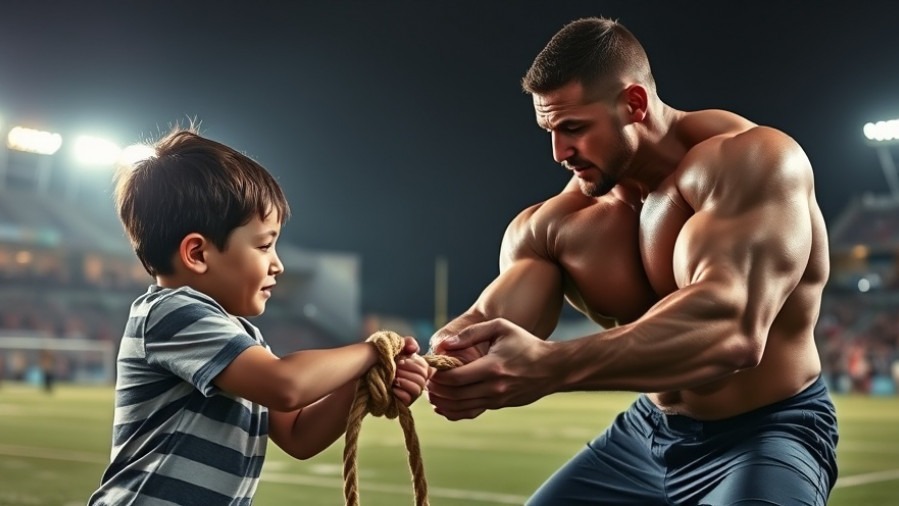 Muscular man and boy in tug-of-war on sports field at night, capturing Super Bowl 2025 spirit.