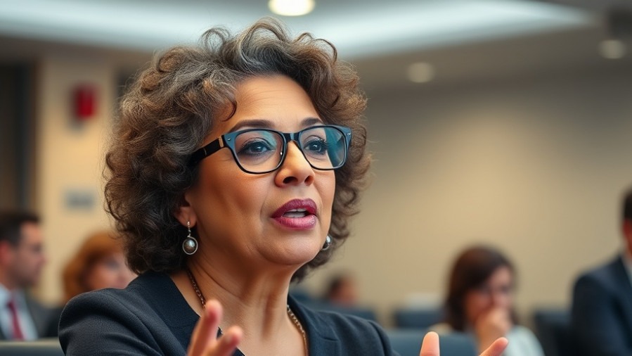 Middle-aged Hispanic woman discussing judicial precedents in a conference room.