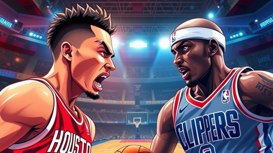 Dynamic NBA highlights poster featuring Rockets vs Clippers players in anime-style realism.