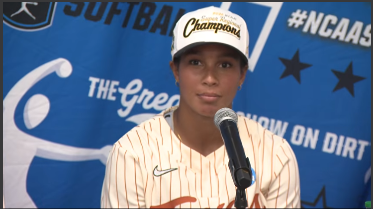 Texas softball player speaks at press conference after World Series advancement.
