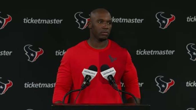 Confident spokesperson at Houston Texans press conference on roster decisions.
