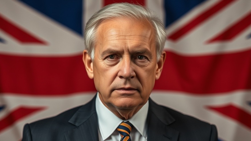 Portrait of a serious older man in a suit with the Union Jack, reflecting on royal family issues.