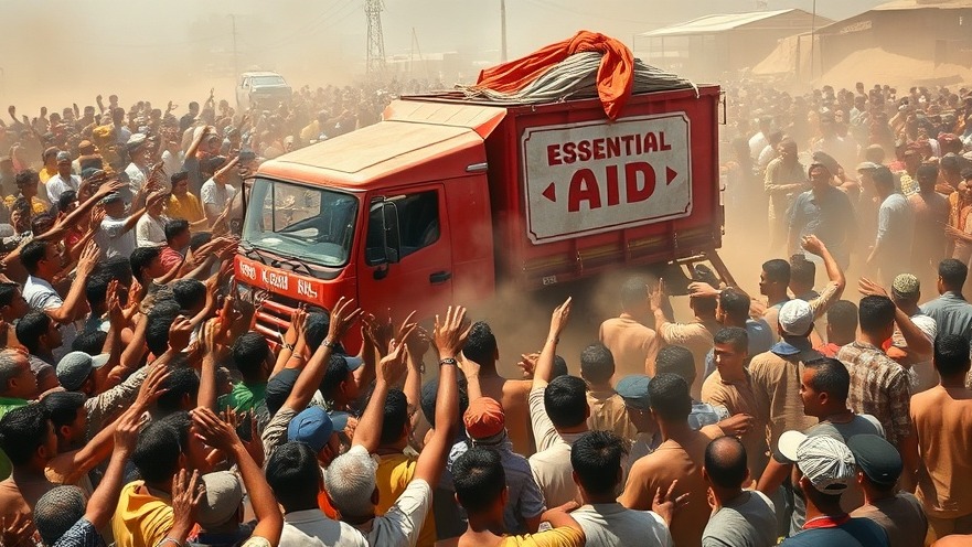 Crowd gathered around a red truck distributing aid during the humanitarian crisis.