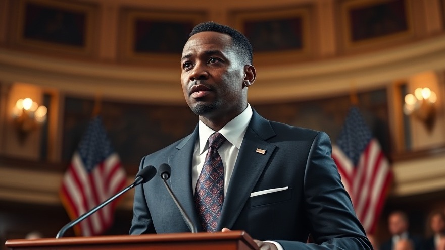 Distinguished black man delivering latest breaking news today in elegant auditorium.