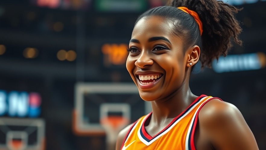 Basketball player in arena joking with playful expression.