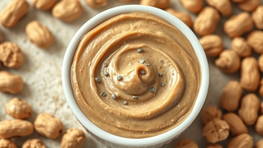 Creamy Sysco peanut butter in a bowl, highlighting food safety concerns with blue specks.