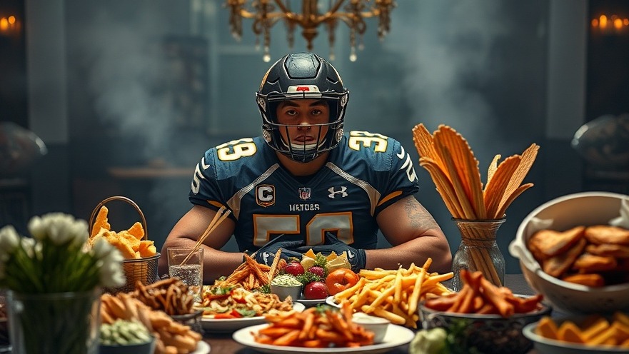 Football player strategizing NFL performance nutrition with an abundance of food.