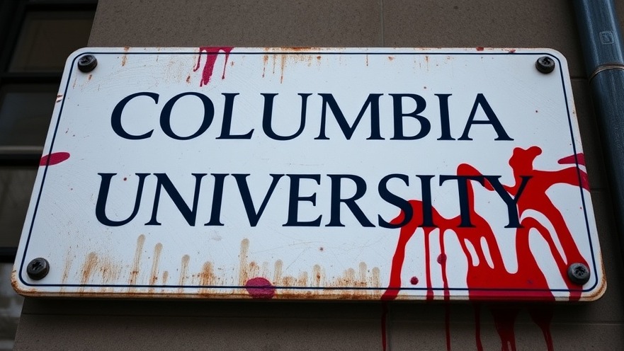 Columbia University sign smeared with blood, highlighting political satire in the free speech debate.
