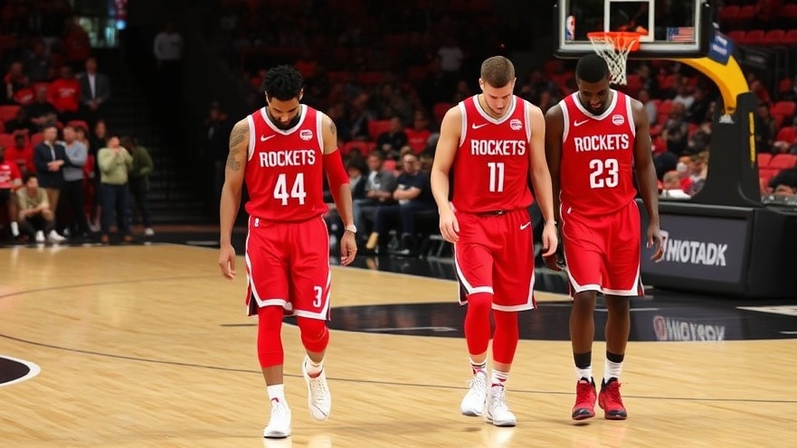Houston Rockets players in red uniforms reflect on the court, highlighting Houston sports news.