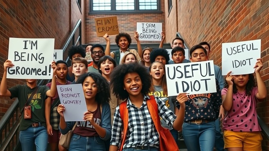 Young activists protesting on school stairs, highlighting educators' political influence.