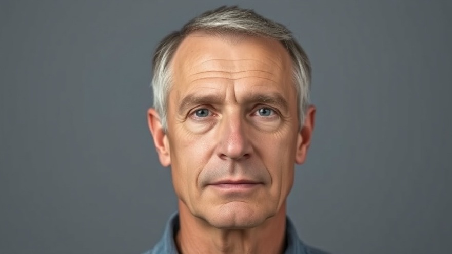 Photorealistic portrait of a man, highlighting issues like child trafficking and online safety.