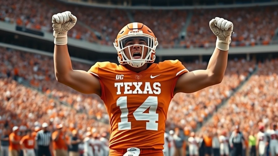 Excited Texas football player #14 celebrating victory, showcasing football community pride.
