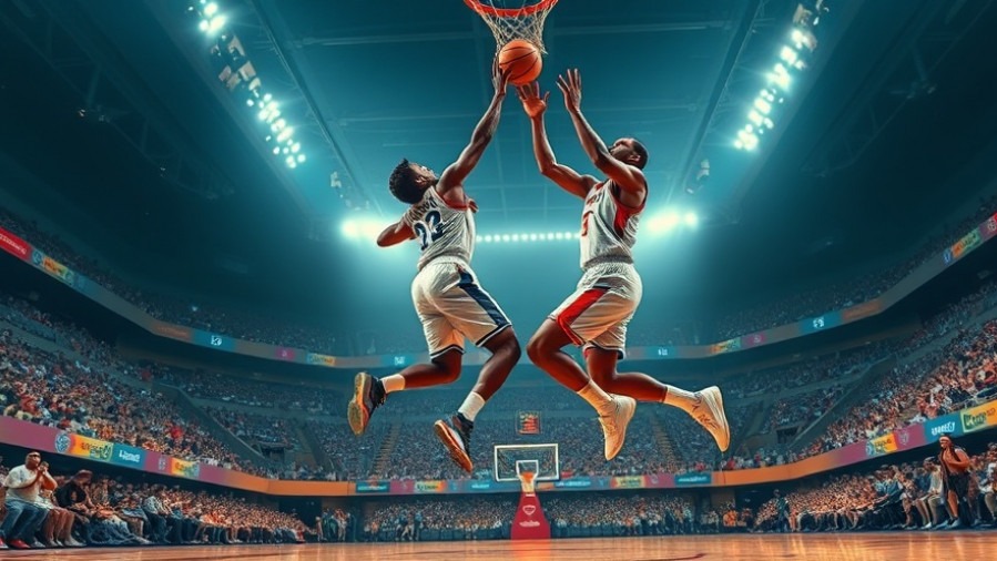 Intense basketball highlights with two athletes leaping for the ball in a vibrant stadium.