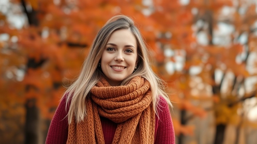 Woman in cozy fall attire with auburn trees; winter wellness rituals for health and wellness