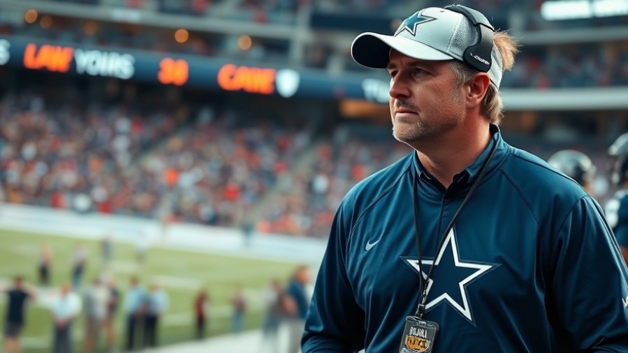 Brian Schottenheimer, focused Dallas Cowboys coach on the sideline, vibrant stadium background.