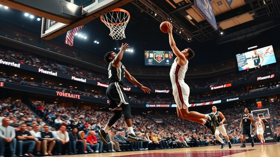 Dynamic basketball strategy scene showcasing teamwork in sports with players leaping for the basket.