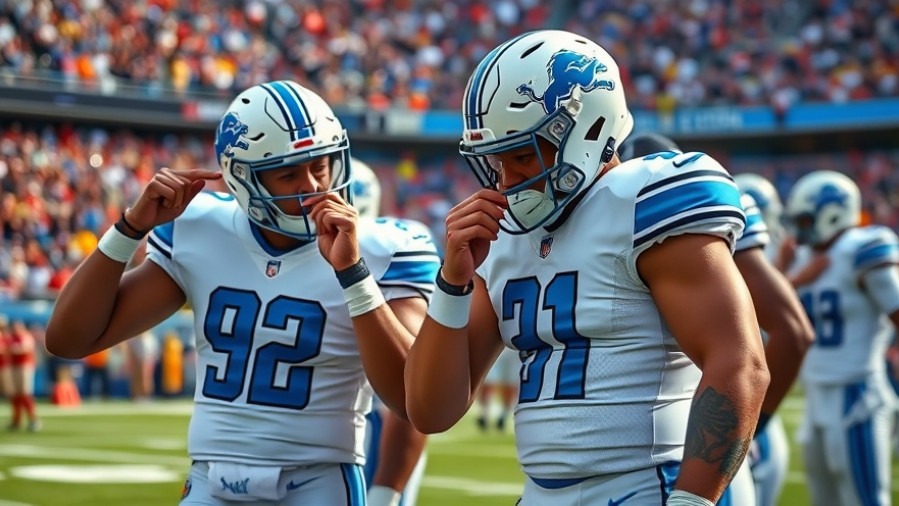 Detroit Lions players showing humorous expressions in a dynamic NFL celebration scene.