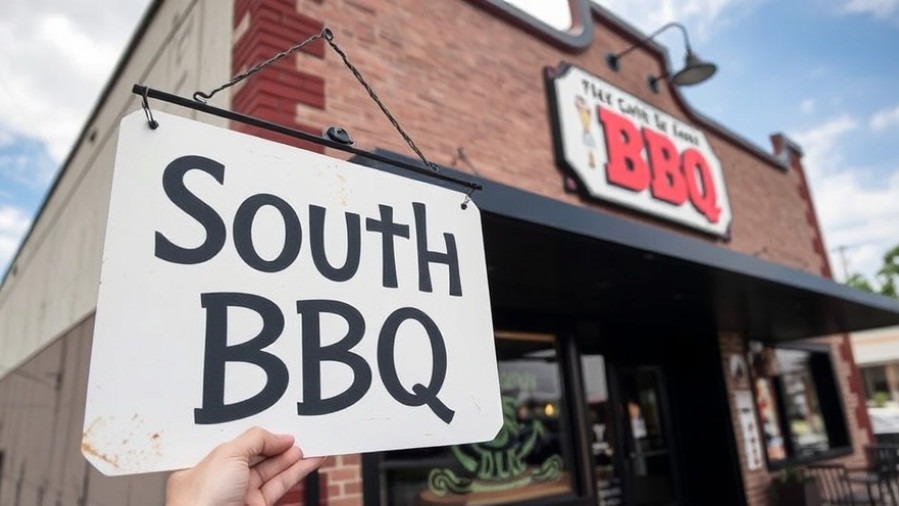 South BBQ sign outside restaurant, supporting San Antonio entrepreneurs and local business.