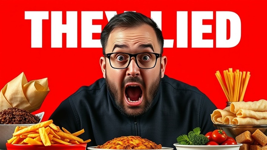 Shocked man with various foods on red background promoting nutrition and wellness.