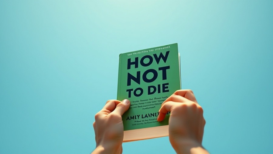 Hands holding 'How Not to Die' book under blue sky, promoting fitness for seniors.