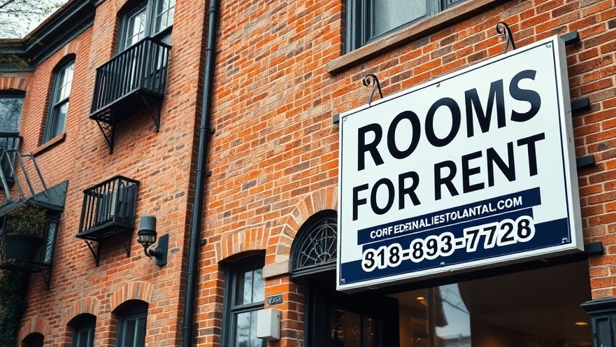 Close-up of a brick building with 'ROOMS FOR RENT' sign, showcasing Houston community news.