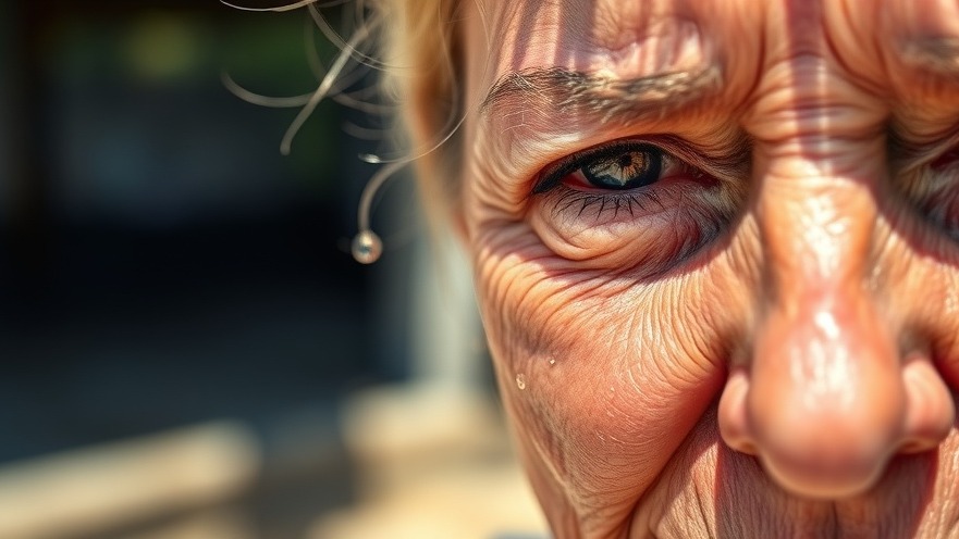 Close-up of an older woman sweating in bright sunlight, highlighting summer hydration tips.