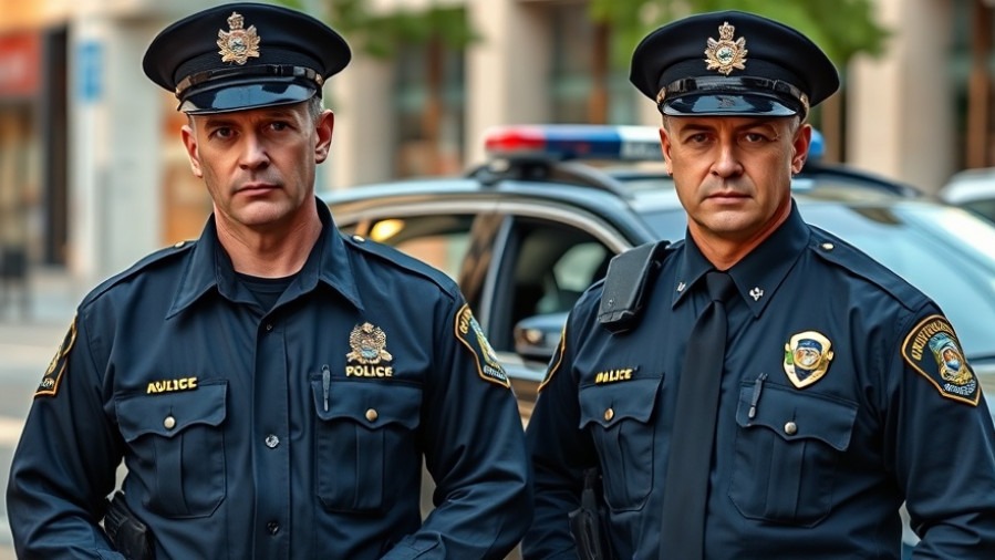 Two serious Austin police officers in gear, with police car, highlighting Austin traffic alerts.