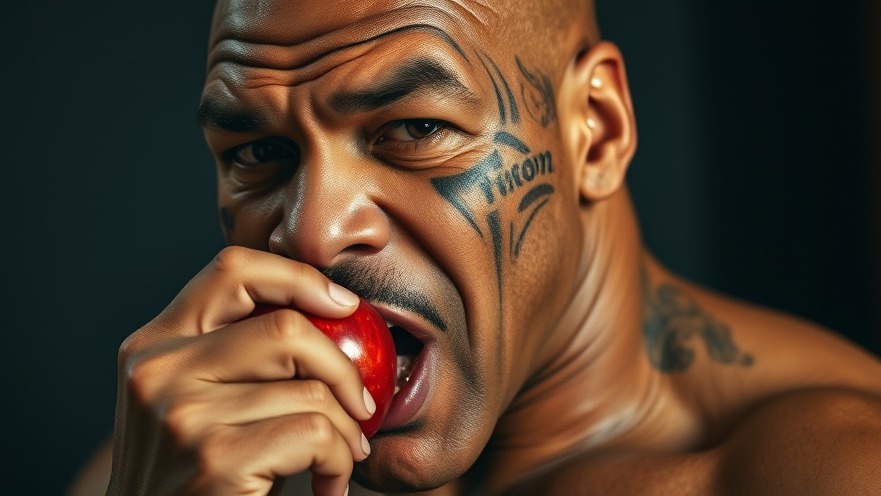 Mike Tyson promoting health and nutrition education by eating an apple.