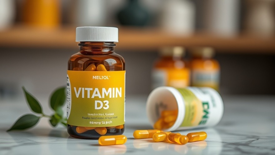 Bottle of vitamin D3 pills promoting balanced nutrition for emotional wellbeing.