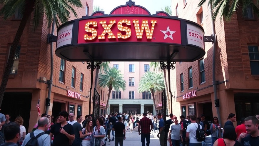 SXSW marquee over courtyard gate, showcasing Austin festivals and community events.