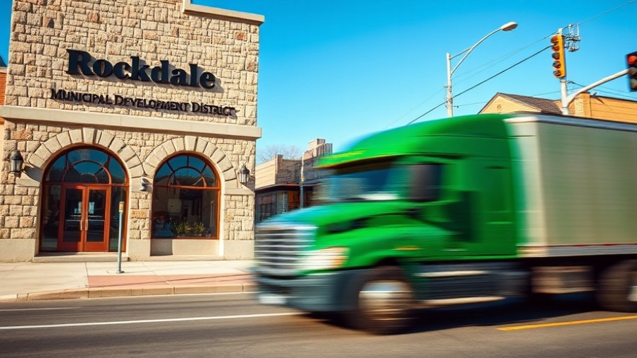 Blurry green truck at Rockdale Municipal Development District sign, showcasing economic growth in Rockdale.