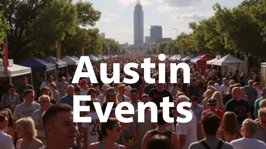 Crowd enjoying Austin summer festivals on a sunny day with 'Austin Events' overlay.