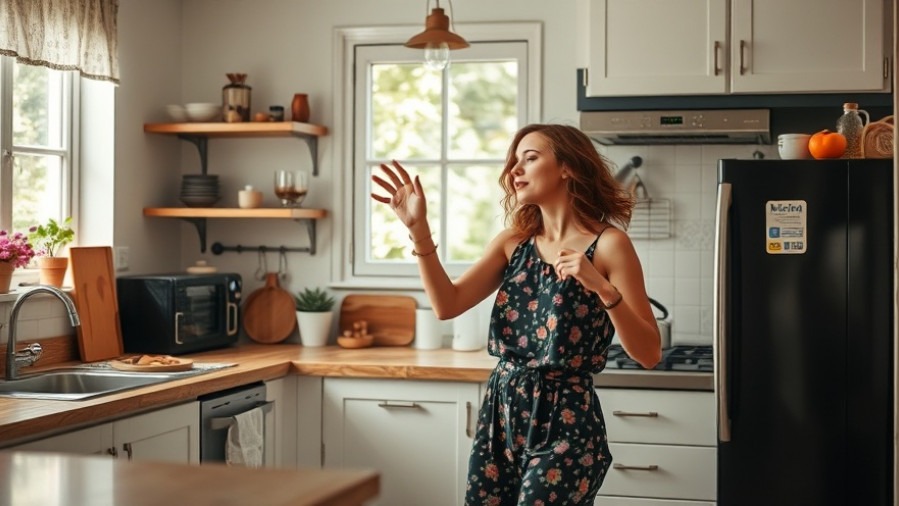 Woman dancing in the kitchen, enjoying stress relief strategies with music.