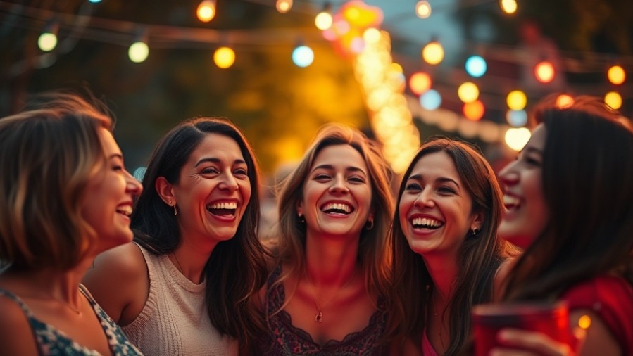 Friends laughing at a festive outdoor event, capturing Houston events calendar spirit.