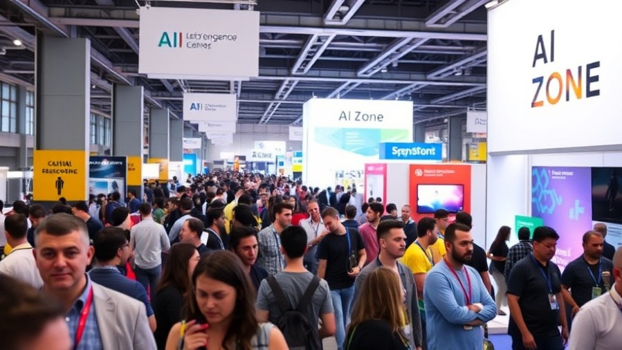 Vibrant conference showcasing AI in healthcare with colorful booths and attendees engaged.
