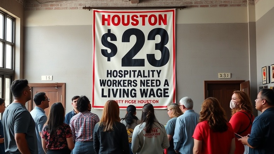 Diverse group discussing Houston workers' rights under living wage poster.