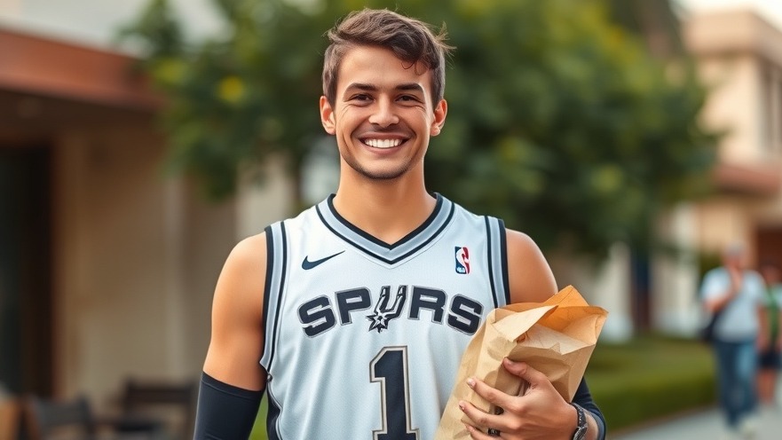 Young man in Spurs jersey enjoying Taco Palenque Spurs promotion with food bag.