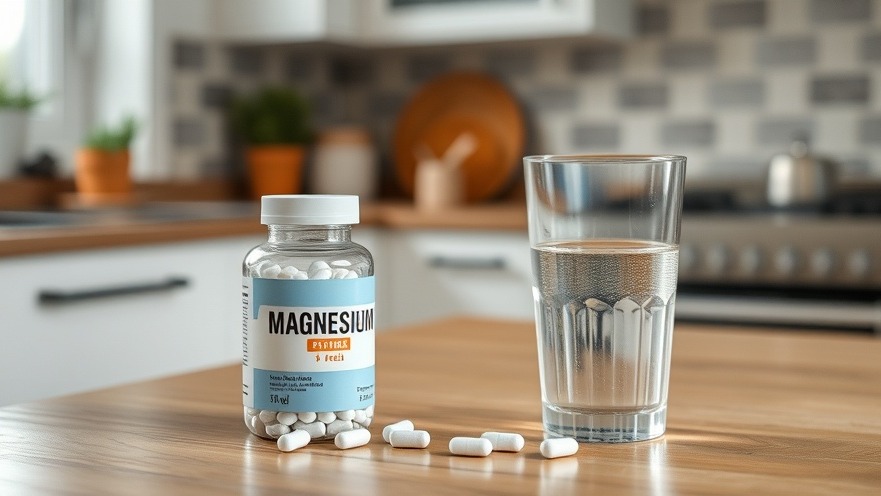 Bottle of magnesium pills on a kitchen table, promoting health and wellness.